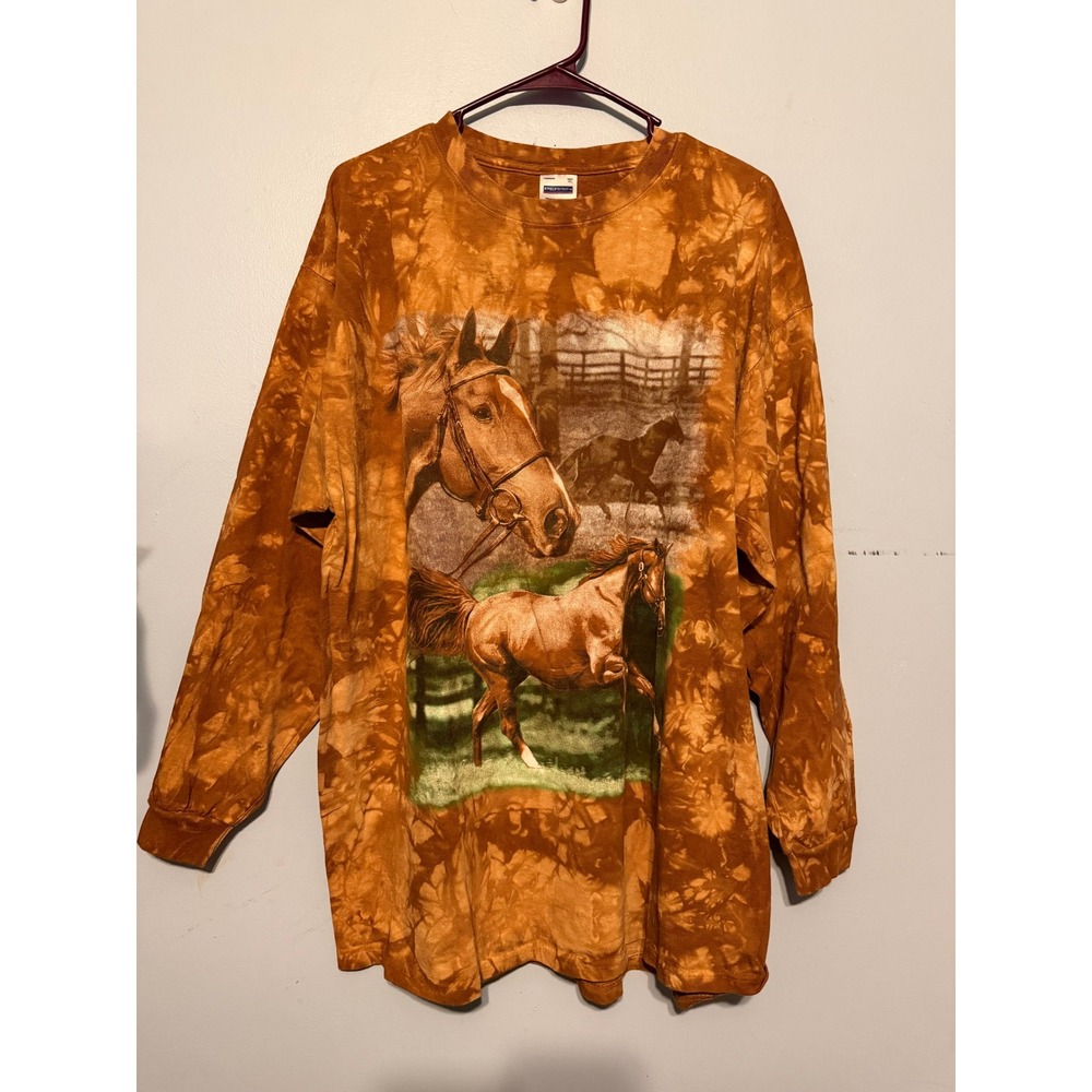 Vintage Horse Tie Dye Long Sleeve Western XL Orange Brown Heavy Weight 0304